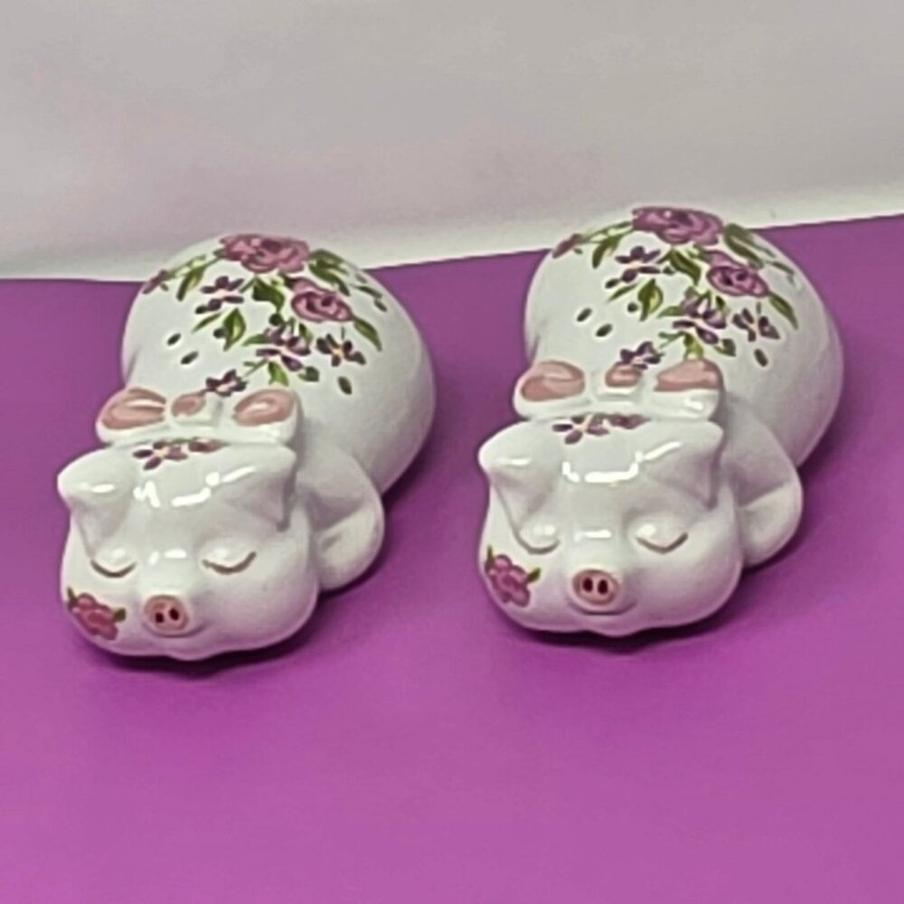 2 Vintage Pig Floral Potpourri Ceramarte‎ Made In Brazil Avon 1978